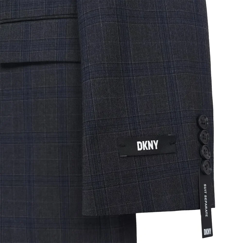 DKNY Mens Modern Fit Suit Jacket Blazer 40R Dark Grey Blue Plaid Stretch NWT